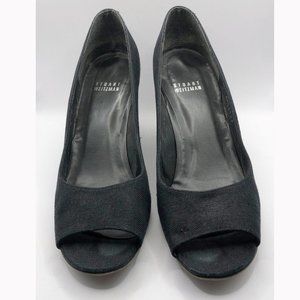 Stuart Weitzman black textile tortoise shell wedge heel peep toe pumps Size 8M